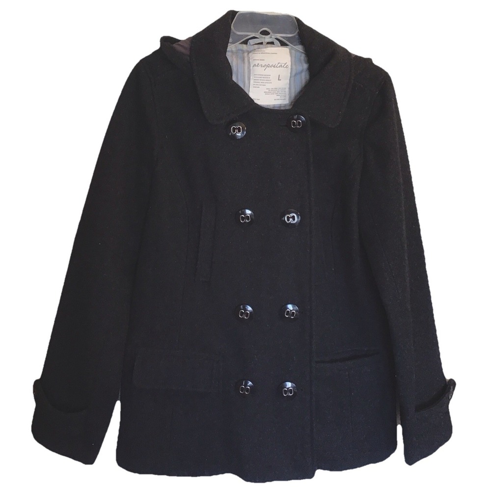 Aeropostale WOOL Blend Junior’s Hooded Winter Warm Black Pea Coat Size Large